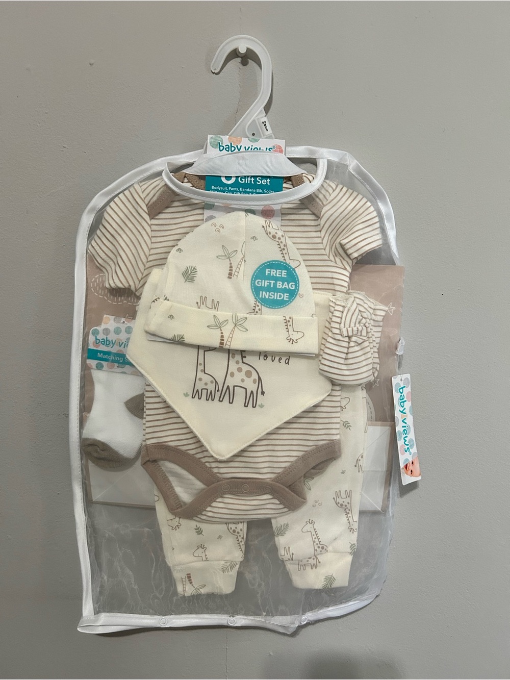 Cream & Brown Giraffe Print Matching Set with Hat & Bib